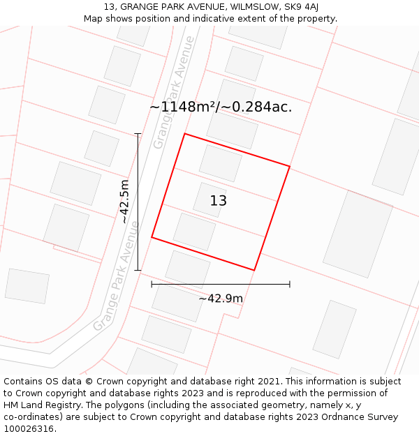 13, GRANGE PARK AVENUE, WILMSLOW, SK9 4AJ: Plot and title map