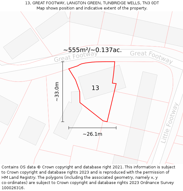 13, GREAT FOOTWAY, LANGTON GREEN, TUNBRIDGE WELLS, TN3 0DT: Plot and title map