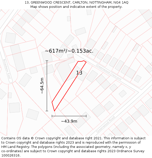 13, GREENWOOD CRESCENT, CARLTON, NOTTINGHAM, NG4 1AQ: Plot and title map