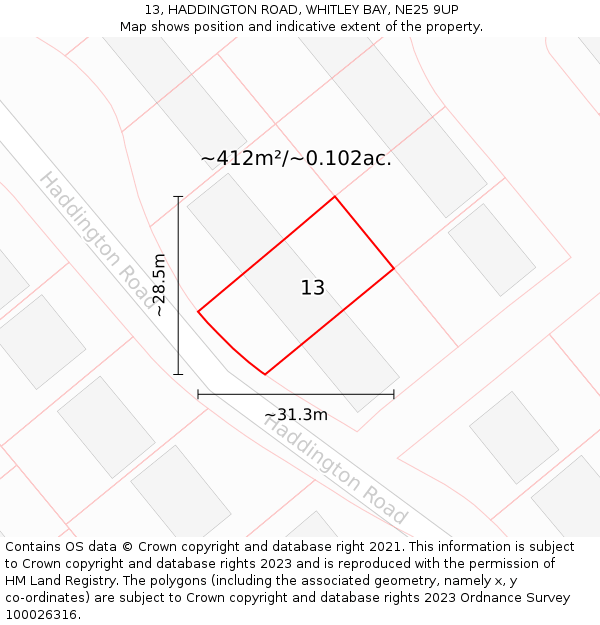 13, HADDINGTON ROAD, WHITLEY BAY, NE25 9UP: Plot and title map