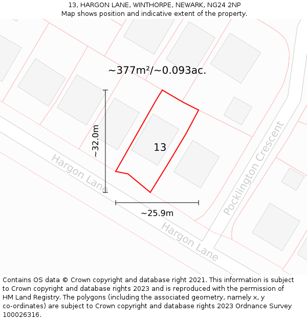 13, HARGON LANE, WINTHORPE, NEWARK, NG24 2NP: Plot and title map