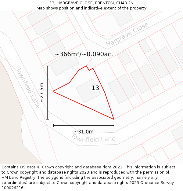 13, HARGRAVE CLOSE, PRENTON, CH43 2NJ: Plot and title map