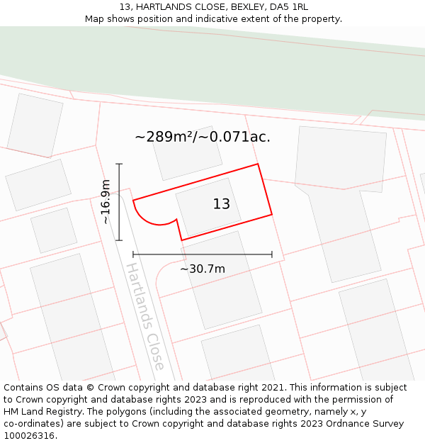 13, HARTLANDS CLOSE, BEXLEY, DA5 1RL: Plot and title map