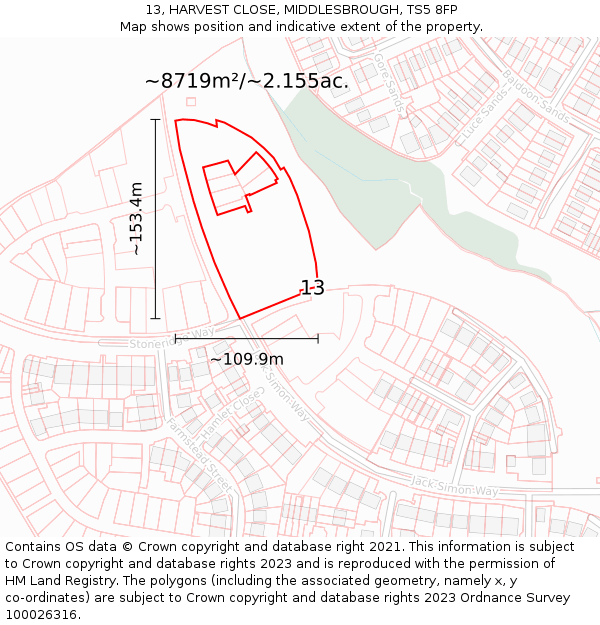 13, HARVEST CLOSE, MIDDLESBROUGH, TS5 8FP: Plot and title map