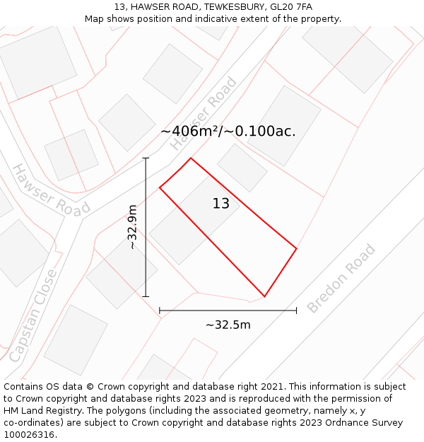 13, HAWSER ROAD, TEWKESBURY, GL20 7FA: Plot and title map