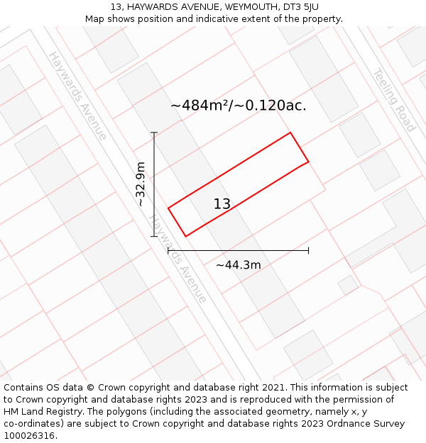 13, HAYWARDS AVENUE, WEYMOUTH, DT3 5JU: Plot and title map