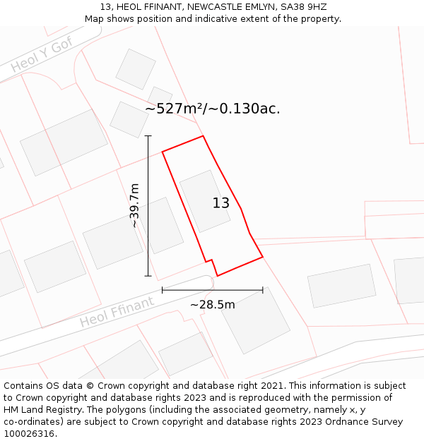 13, HEOL FFINANT, NEWCASTLE EMLYN, SA38 9HZ: Plot and title map