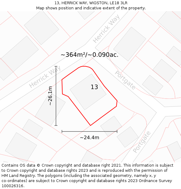 13, HERRICK WAY, WIGSTON, LE18 3LR: Plot and title map