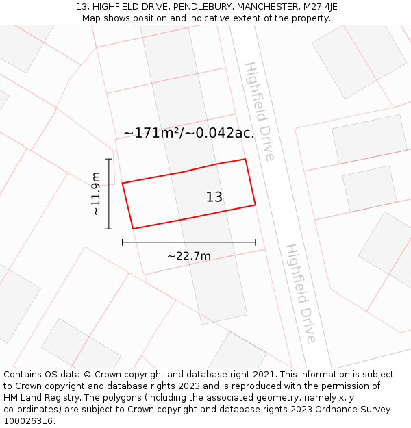 13, HIGHFIELD DRIVE, PENDLEBURY, MANCHESTER, M27 4JE: Plot and title map