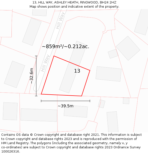 13, HILL WAY, ASHLEY HEATH, RINGWOOD, BH24 2HZ: Plot and title map