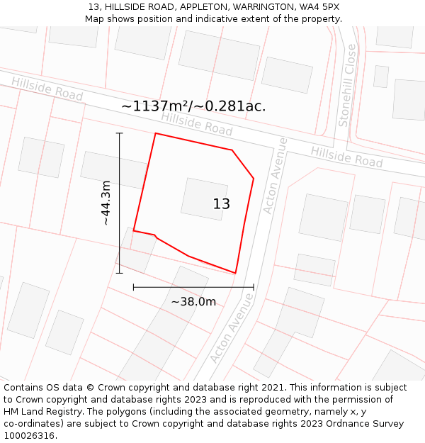 13, HILLSIDE ROAD, APPLETON, WARRINGTON, WA4 5PX: Plot and title map