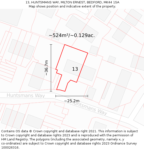 13, HUNTSMANS WAY, MILTON ERNEST, BEDFORD, MK44 1SA: Plot and title map