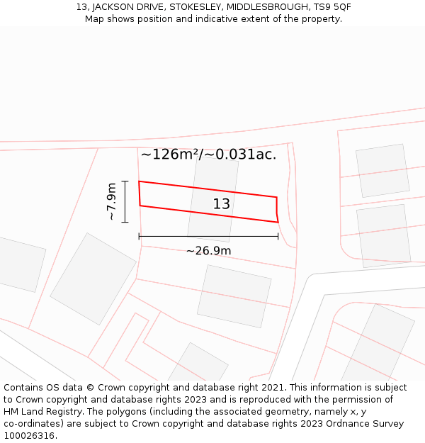 13, JACKSON DRIVE, STOKESLEY, MIDDLESBROUGH, TS9 5QF: Plot and title map