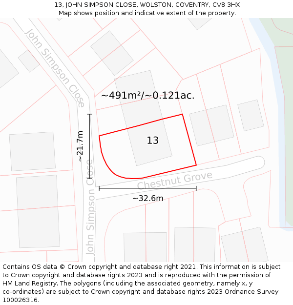 13, JOHN SIMPSON CLOSE, WOLSTON, COVENTRY, CV8 3HX: Plot and title map