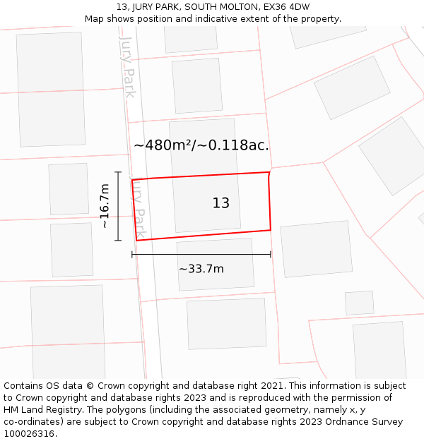 13, JURY PARK, SOUTH MOLTON, EX36 4DW: Plot and title map