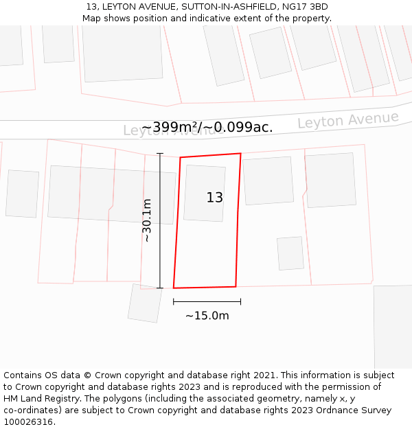 13, LEYTON AVENUE, SUTTON-IN-ASHFIELD, NG17 3BD: Plot and title map