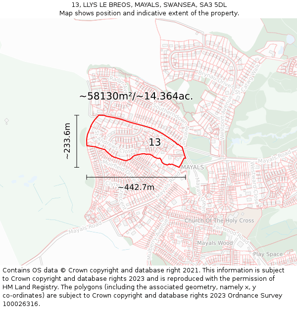 13, LLYS LE BREOS, MAYALS, SWANSEA, SA3 5DL: Plot and title map