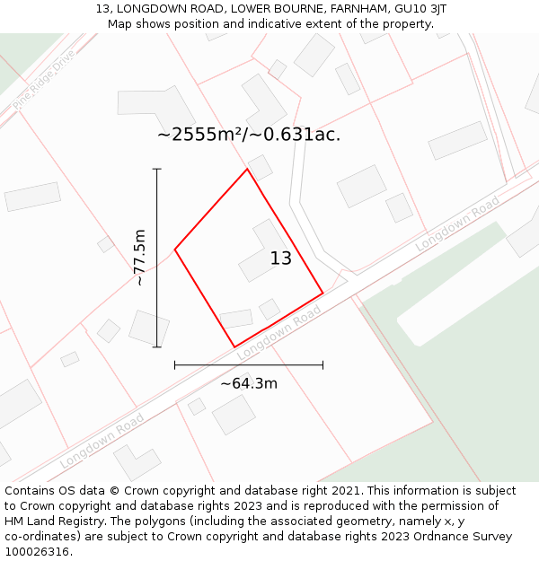 13, LONGDOWN ROAD, LOWER BOURNE, FARNHAM, GU10 3JT: Plot and title map