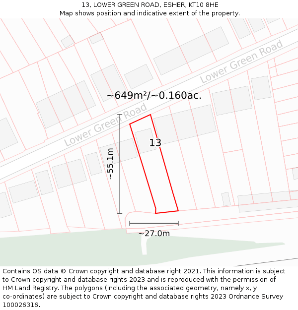 13, LOWER GREEN ROAD, ESHER, KT10 8HE: Plot and title map