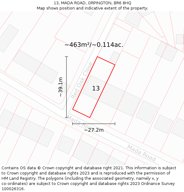 13, MADA ROAD, ORPINGTON, BR6 8HQ: Plot and title map