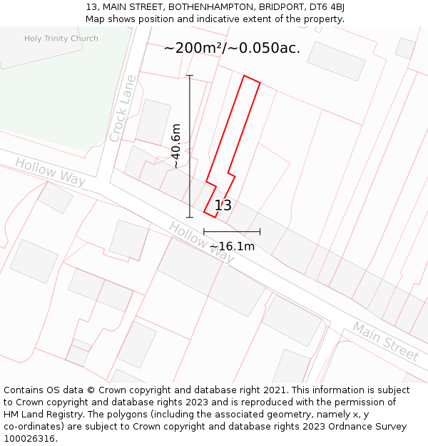 13, MAIN STREET, BOTHENHAMPTON, BRIDPORT, DT6 4BJ: Plot and title map