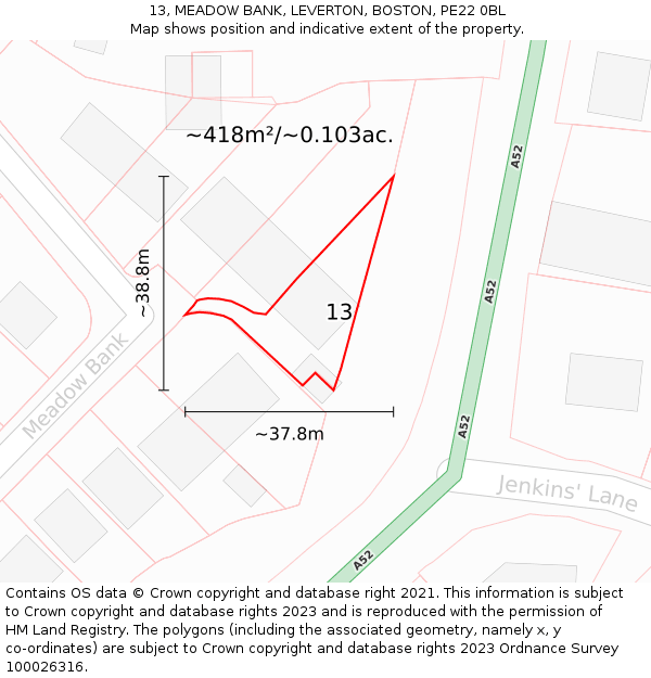 13, MEADOW BANK, LEVERTON, BOSTON, PE22 0BL: Plot and title map