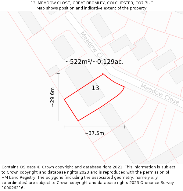 13, MEADOW CLOSE, GREAT BROMLEY, COLCHESTER, CO7 7UG: Plot and title map