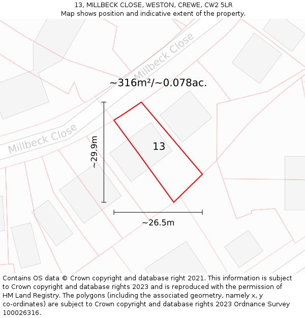 13, MILLBECK CLOSE, WESTON, CREWE, CW2 5LR: Plot and title map