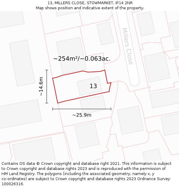 13, MILLERS CLOSE, STOWMARKET, IP14 2NR: Plot and title map