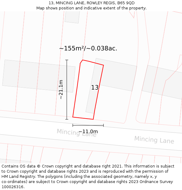 13, MINCING LANE, ROWLEY REGIS, B65 9QD: Plot and title map