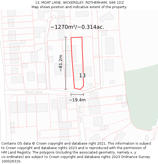 13, MOAT LANE, WICKERSLEY, ROTHERHAM, S66 1DZ: Plot and title map