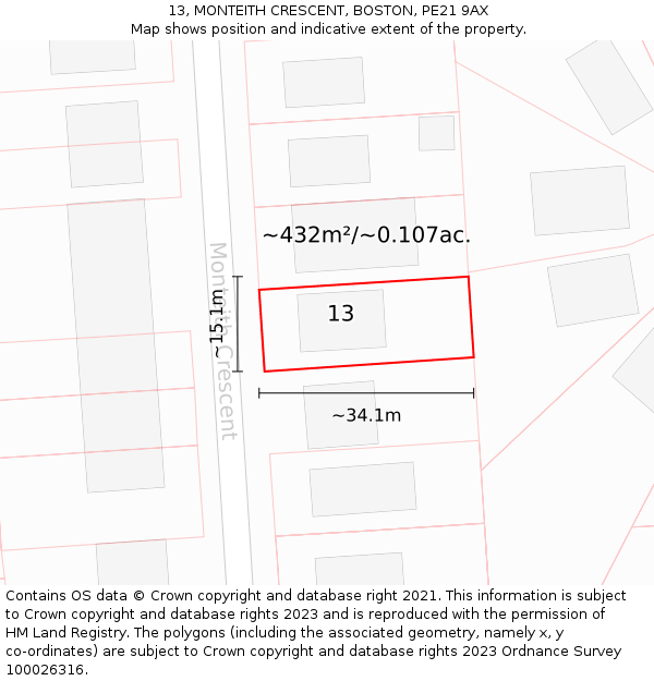 13, MONTEITH CRESCENT, BOSTON, PE21 9AX: Plot and title map