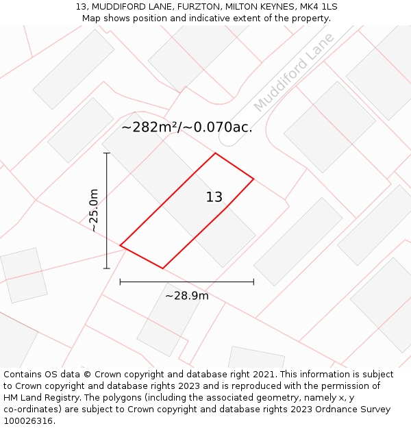 13, MUDDIFORD LANE, FURZTON, MILTON KEYNES, MK4 1LS: Plot and title map