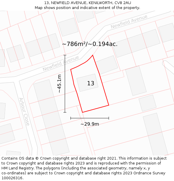 13, NEWFIELD AVENUE, KENILWORTH, CV8 2AU: Plot and title map