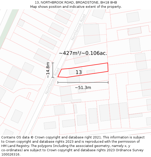 13, NORTHBROOK ROAD, BROADSTONE, BH18 8HB: Plot and title map