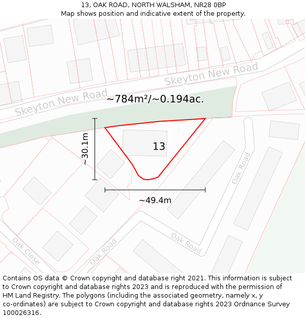 13, OAK ROAD, NORTH WALSHAM, NR28 0BP: Plot and title map