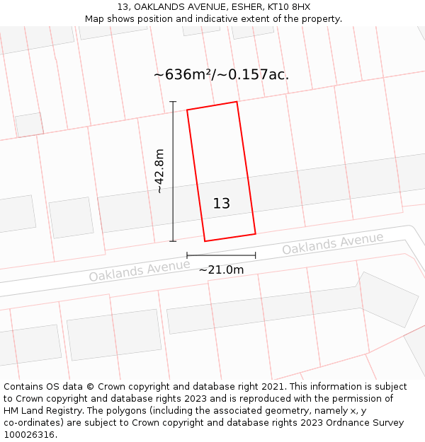 13, OAKLANDS AVENUE, ESHER, KT10 8HX: Plot and title map