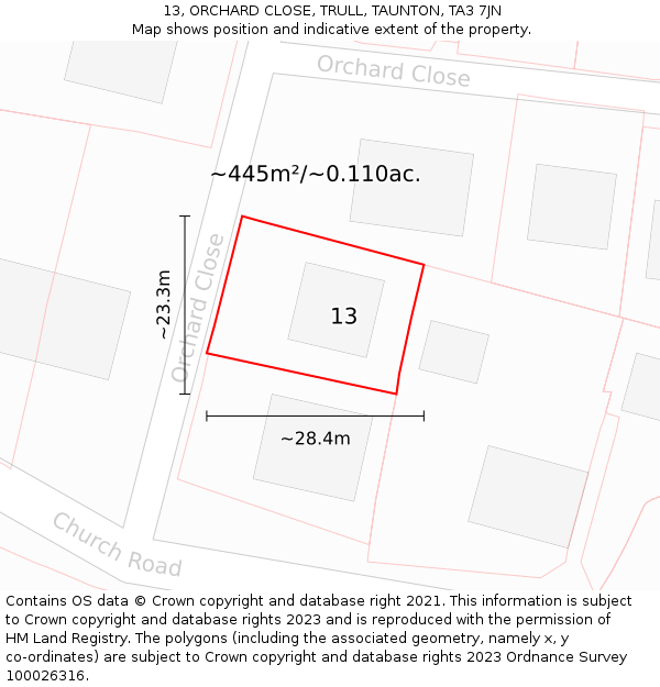 13, ORCHARD CLOSE, TRULL, TAUNTON, TA3 7JN: Plot and title map