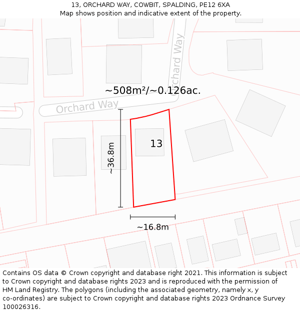 13, ORCHARD WAY, COWBIT, SPALDING, PE12 6XA: Plot and title map