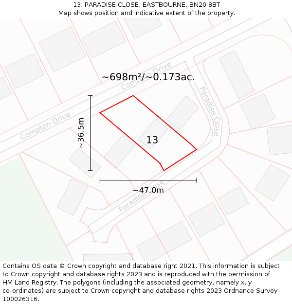 13, PARADISE CLOSE, EASTBOURNE, BN20 8BT: Plot and title map