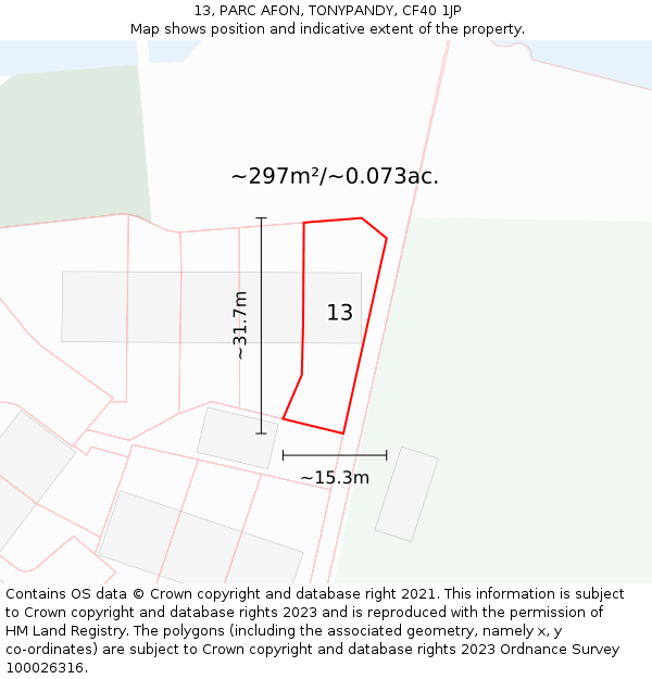 13, PARC AFON, TONYPANDY, CF40 1JP: Plot and title map