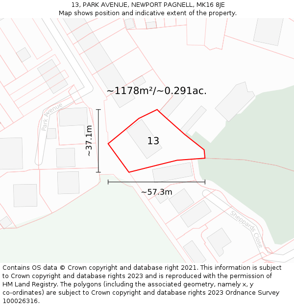 13, PARK AVENUE, NEWPORT PAGNELL, MK16 8JE: Plot and title map