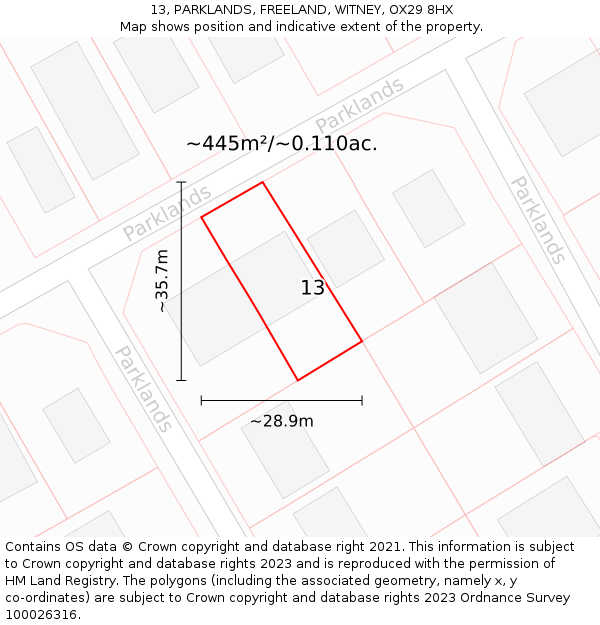 13, PARKLANDS, FREELAND, WITNEY, OX29 8HX: Plot and title map