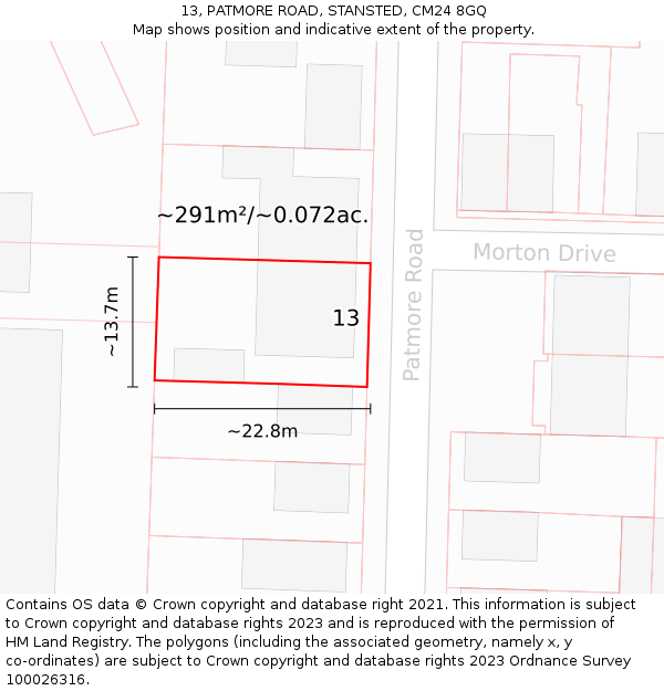 13, PATMORE ROAD, STANSTED, CM24 8GQ: Plot and title map