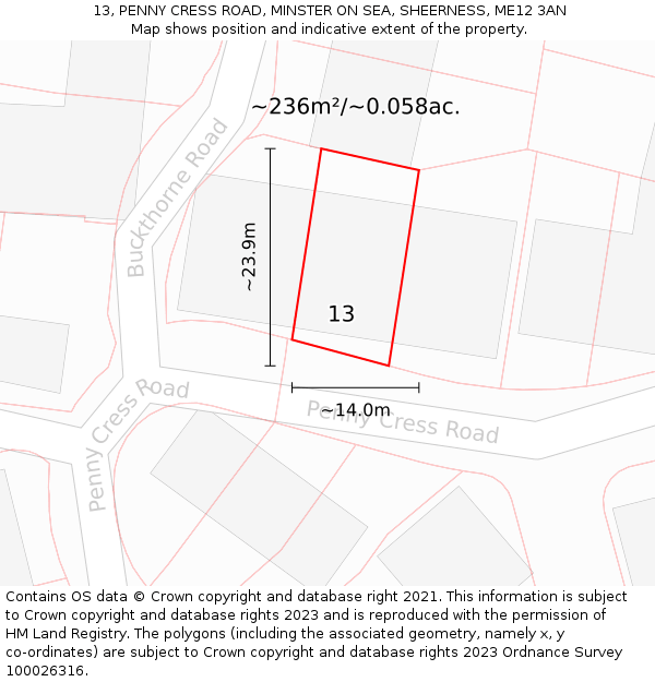 13, PENNY CRESS ROAD, MINSTER ON SEA, SHEERNESS, ME12 3AN: Plot and title map