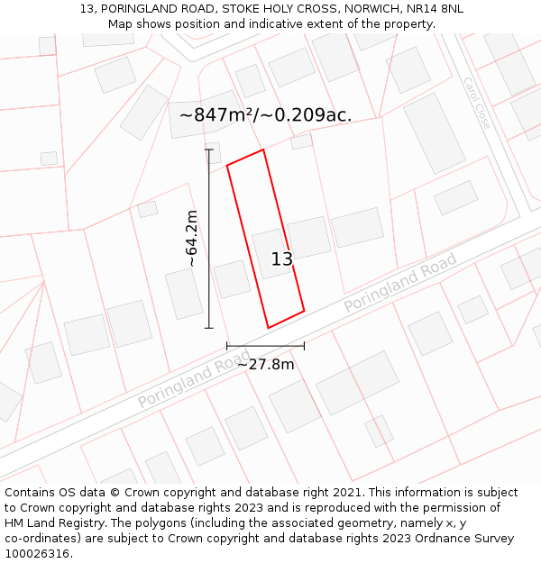 13, PORINGLAND ROAD, STOKE HOLY CROSS, NORWICH, NR14 8NL: Plot and title map