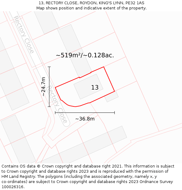 13, RECTORY CLOSE, ROYDON, KING'S LYNN, PE32 1AS: Plot and title map