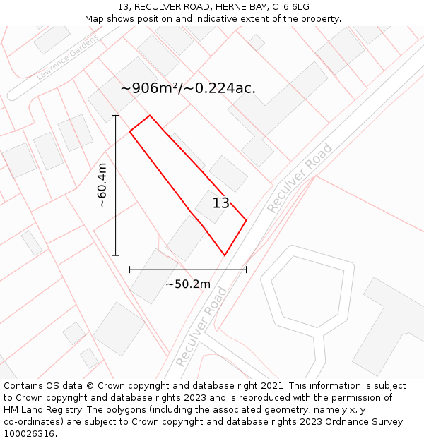 13, RECULVER ROAD, HERNE BAY, CT6 6LG: Plot and title map