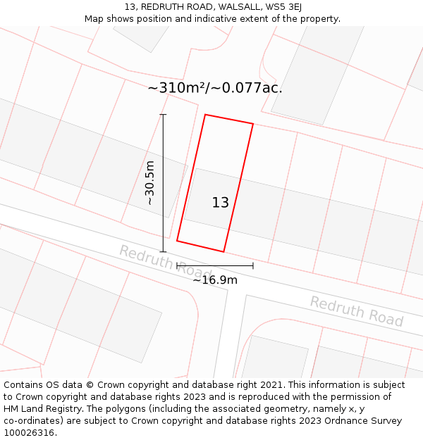 13, REDRUTH ROAD, WALSALL, WS5 3EJ: Plot and title map