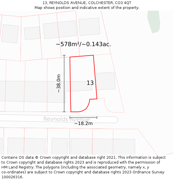 13, REYNOLDS AVENUE, COLCHESTER, CO3 4QT: Plot and title map